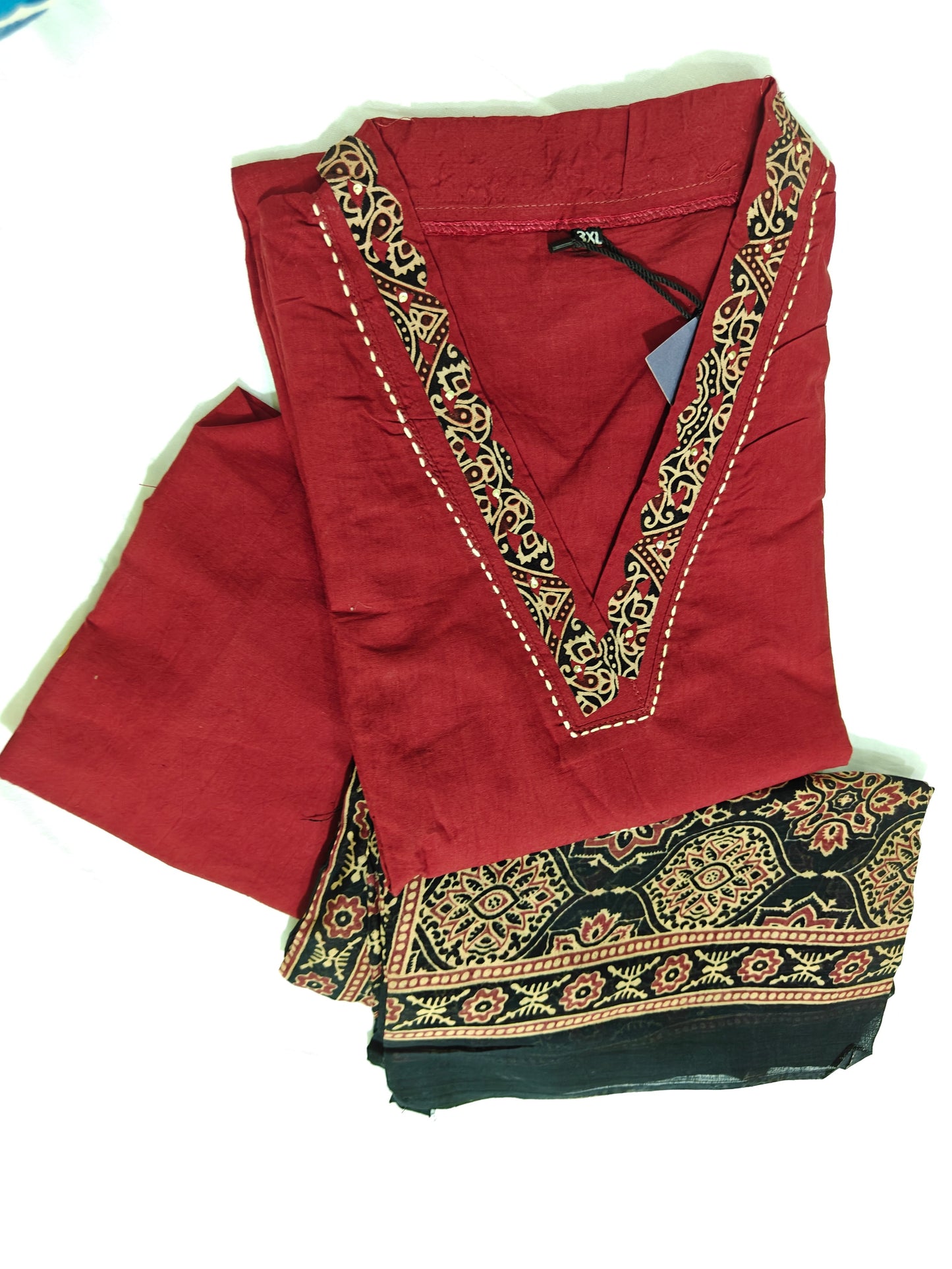 Ajrak Crimson Red 3-Piece Kurta Set | Embroidered Kurta with Straight Pants & Block Print Dupatta | Women's Ethnic Wear