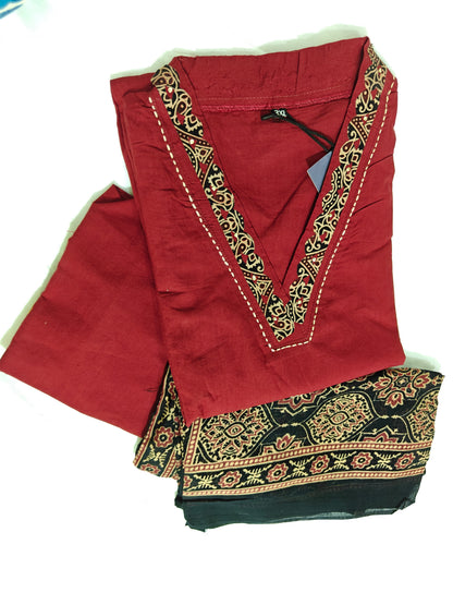 Ajrak Crimson Red 3-Piece Kurta Set | Embroidered Kurta with Straight Pants & Block Print Dupatta | Women's Ethnic Wear