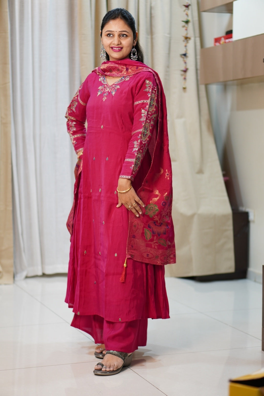 Premium Pink Embroidered 3-Piece Kurta Set with Gold Floral Work | Women's Ethnic Suit | Wedding & Festive Wear