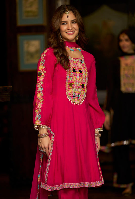 Pink Mirror Work Designer Kurta Set | Shisha Embroidery Ethnic Suit for Women | Festive & Party Wear
