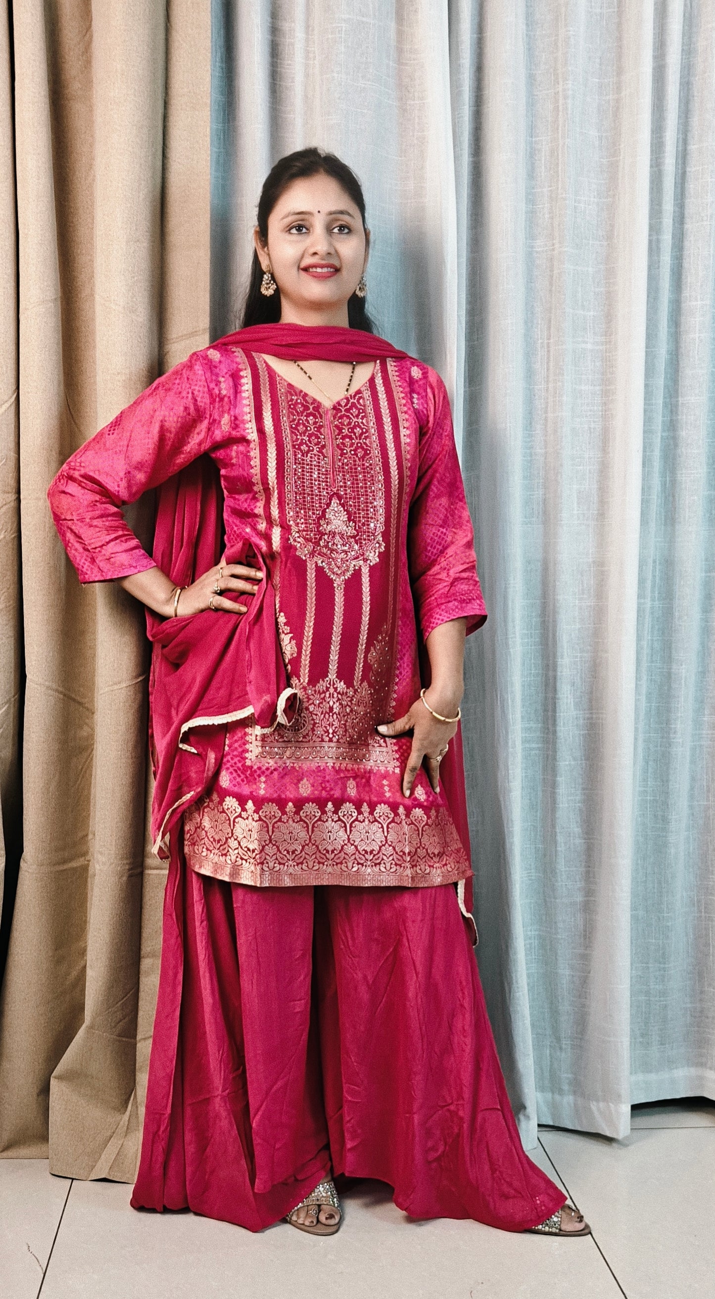 Pink Silk Sharara Set with Gold Zari Embroidery | 3-Piece Ethnic Suit for Women | Wedding & Festive Wear