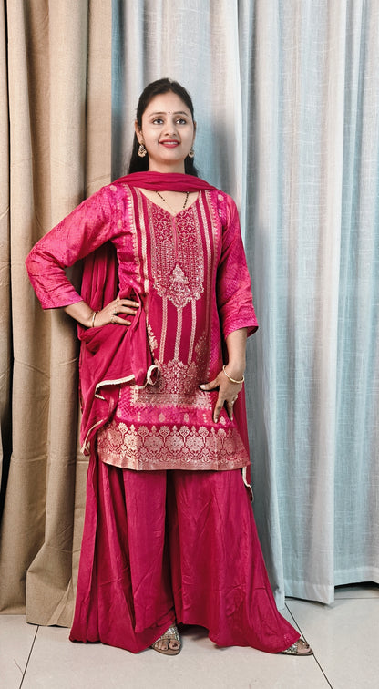 Pink Silk Sharara Set with Gold Zari Embroidery | 3-Piece Ethnic Suit for Women | Wedding & Festive Wear