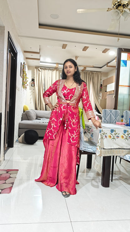 Hot-Pink & Gold Zari Embroidered Indo-Western Jacket Suit | Sharara suit for Women | Festive & Wedding Collection