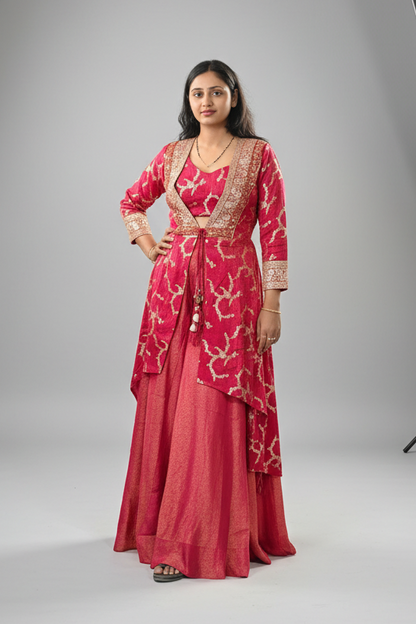 Hot-Pink & Gold Zari Embroidered Indo-Western Jacket Suit | Sharara suit for Women | Festive & Wedding Collection