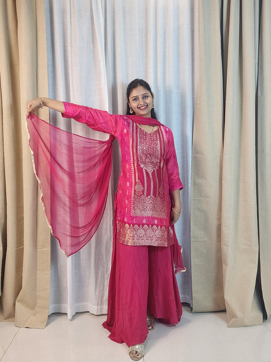 Pink Silk Sharara Set with Gold Zari Embroidery | 3-Piece Ethnic Suit for Women | Wedding & Festive Wear