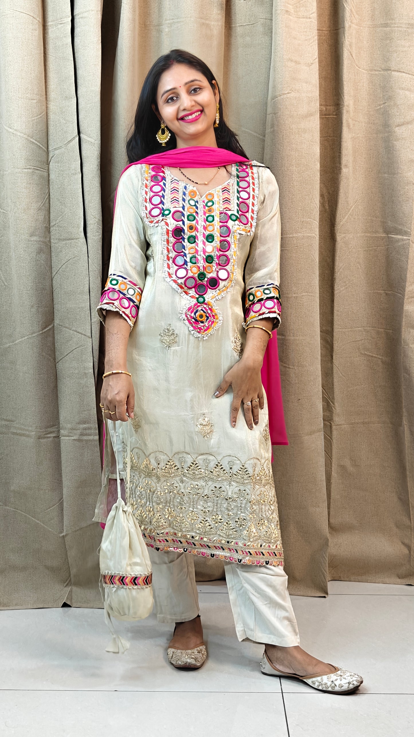 Off white golden pink 3 piece suit w potli