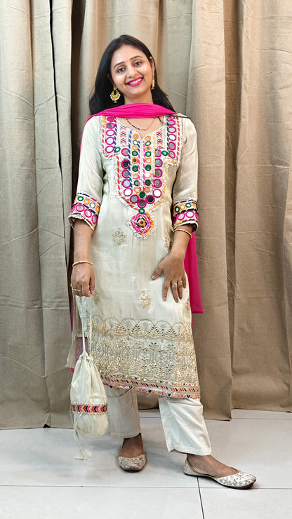 Off white golden pink 3 piece suit w potli