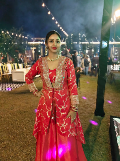 Hot-Pink & Gold Zari Embroidered Indo-Western Jacket Suit | Sharara suit for Women | Festive & Wedding Collection