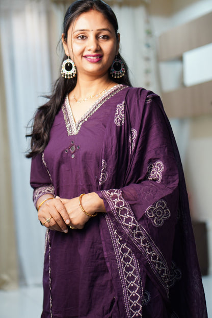Deep Purple Pure Cotton A-Line Kurta Set with White Chikankari Embroidery | 3-Piece Ethnic Suit for Women | Casual & Festive Wear