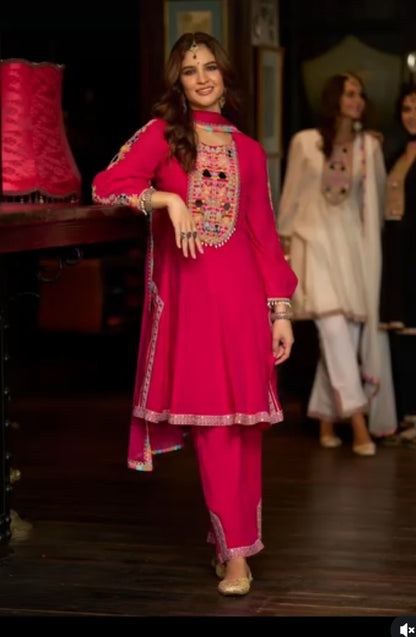 Pink Mirror Work Designer Kurta Set | Shisha Embroidery Ethnic Suit for Women | Festive & Party Wear