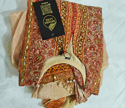 Peach Short Kurta with Brown Palazzo | 3-Piece Ethnic Co-ord Set for Women | Casual & Semi-Formal Wear