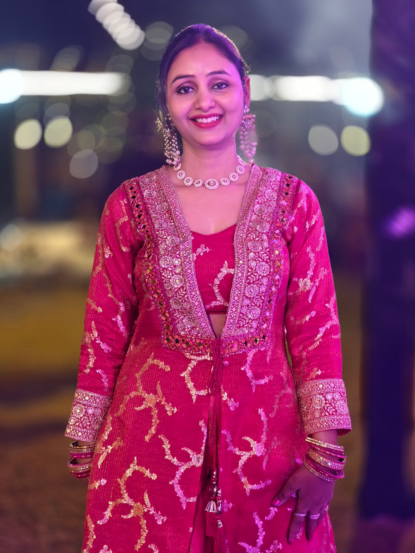 Hot-Pink & Gold Zari Embroidered Indo-Western Jacket Suit | Sharara suit for Women | Festive & Wedding Collection