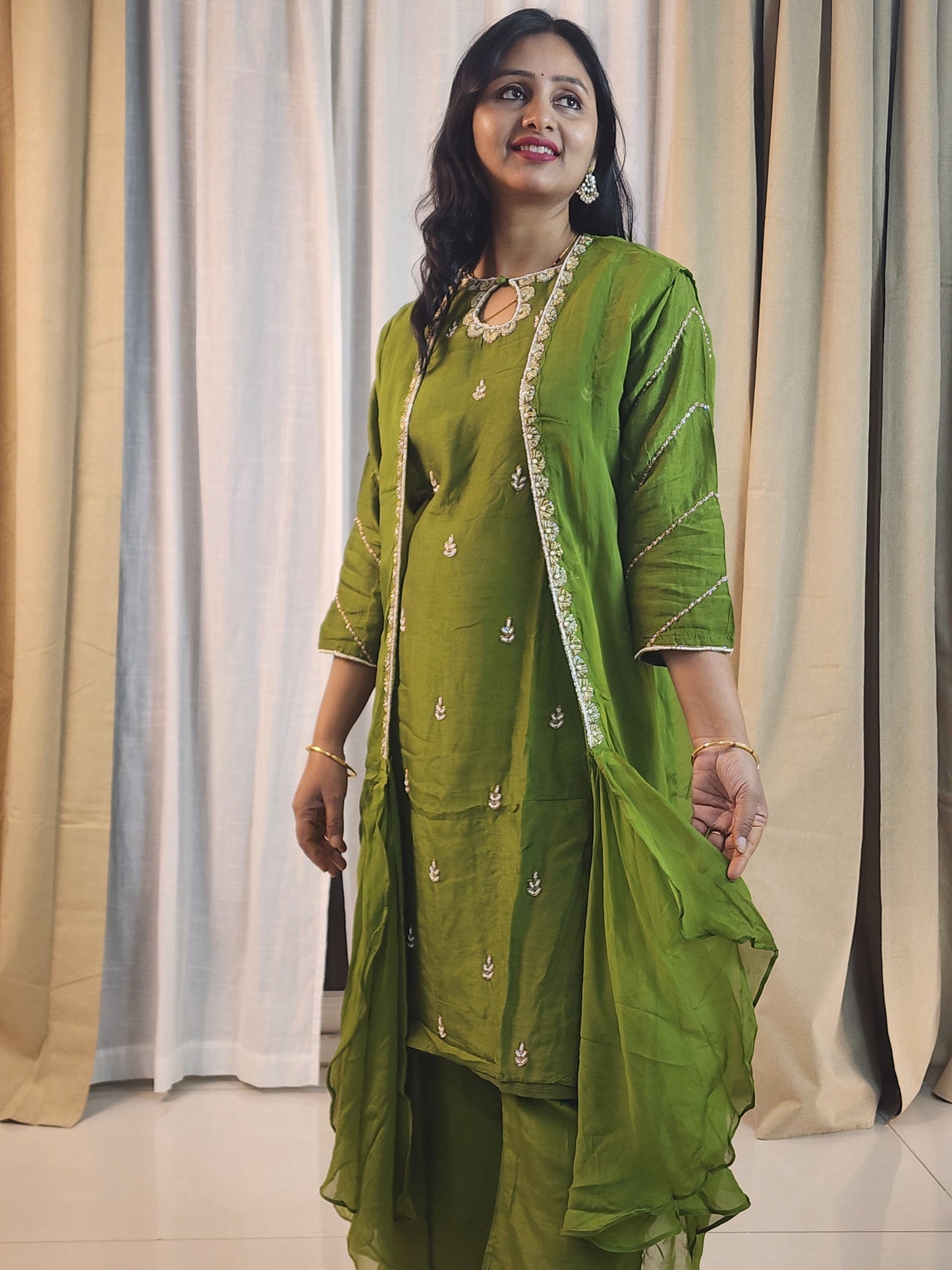 Mehendi Green Designer Kurta Set with Silver Embroidery | Indo-Western Ethnic Suit for Women | Festive & Party Wear