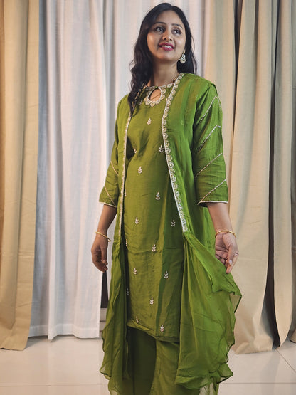 Mehendi Green Designer Kurta Set with Silver Embroidery | Indo-Western Ethnic Suit for Women | Festive & Party Wear
