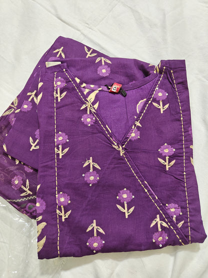 Deep Purple Floral Printed 3-Piece Kurta Set with Gold Motifs | Women's Ethnic Wear | Festive & Casual Collection