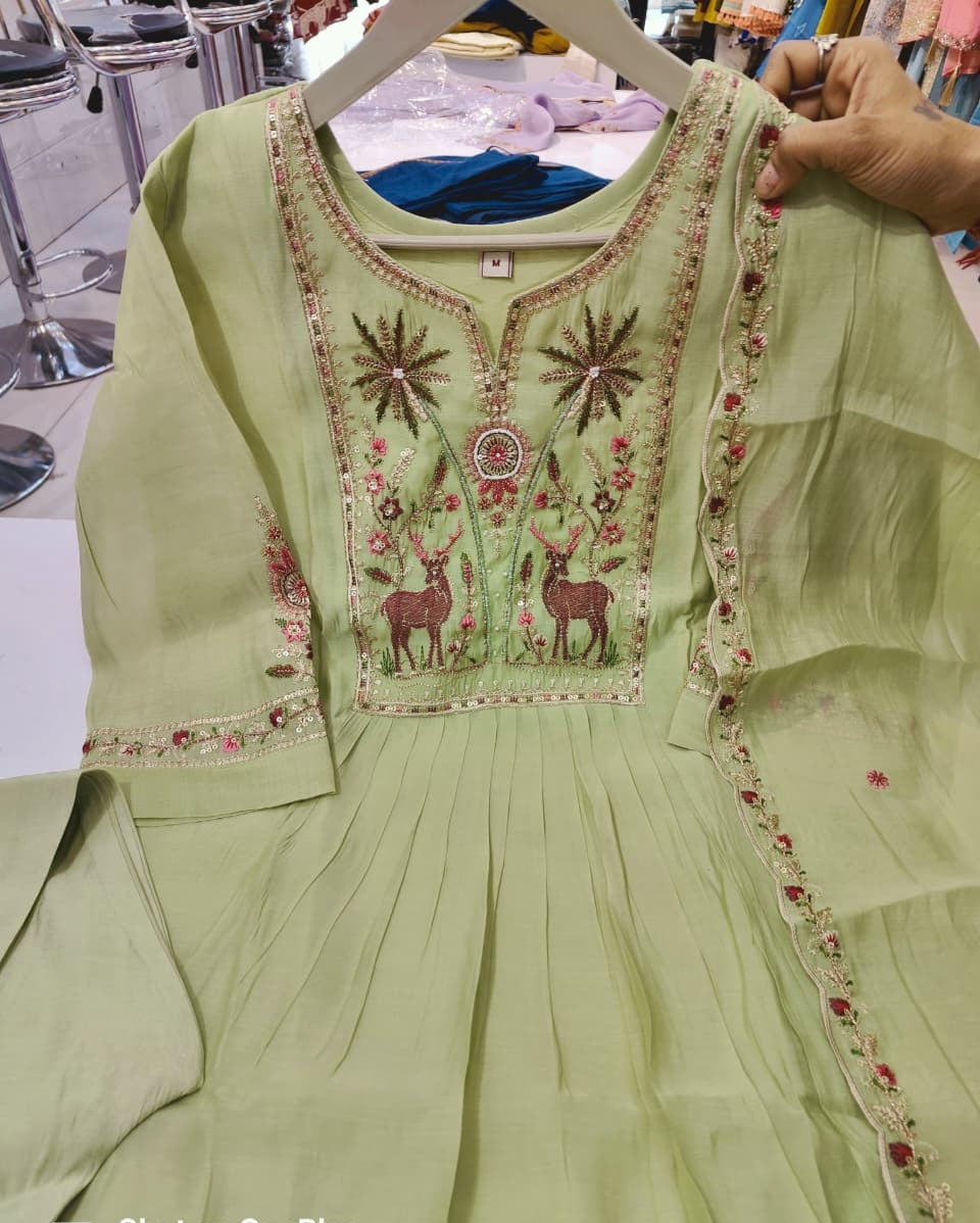 Pista Mal Chanderi Flared Kurta Set | 3-Piece Ethnic Suit with Heavy Yoke & Sleeve Embroidery | Front Pleated A-Line Kurta | Festive & Wedding Wear