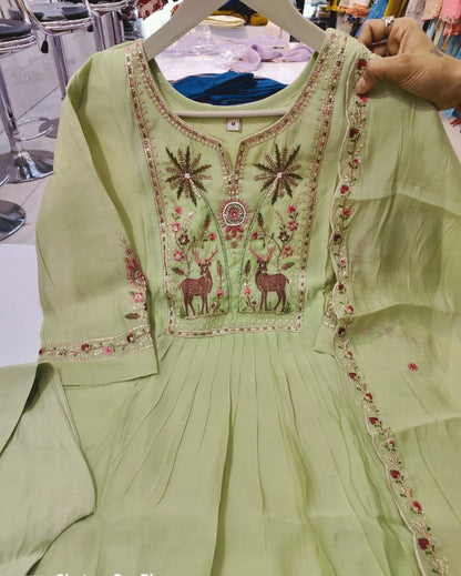 Pista Mal Chanderi Flared Kurta Set | 3-Piece Ethnic Suit with Heavy Yoke & Sleeve Embroidery | Front Pleated A-Line Kurta | Festive & Wedding Wear