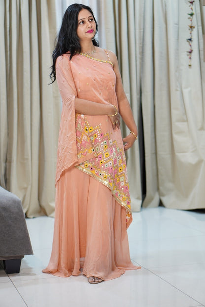 Peach Georgette Indo-Western Suit with Multicolor Floral Embroidery | Ethnic Fusion Wear for Women | Party & Festive Collection