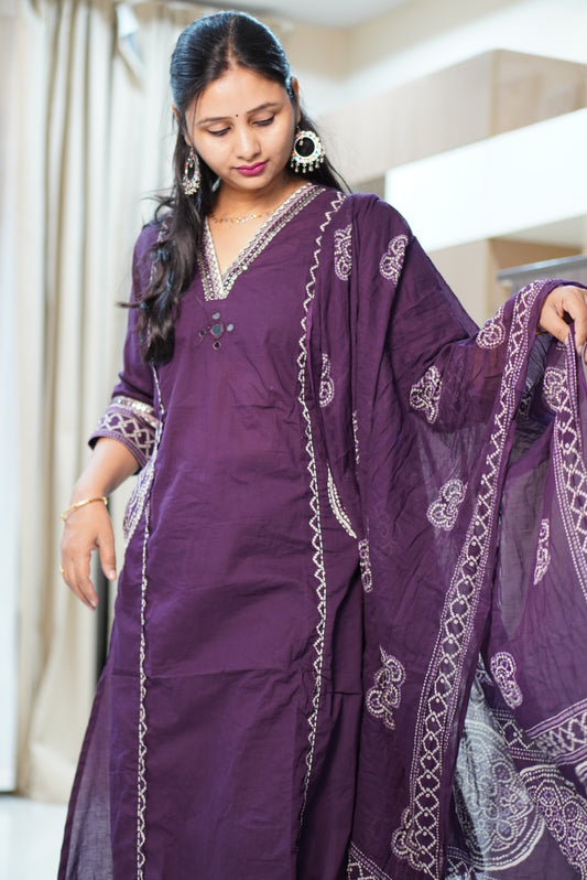 Deep Purple Pure Cotton A-Line Kurta Set with White Chikankari Embroidery | 3-Piece Ethnic Suit for Women | Casual & Festive Wear
