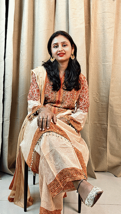 Peach Short Kurta with Brown Palazzo | 3-Piece Ethnic Co-ord Set for Women | Casual & Semi-Formal Wear
