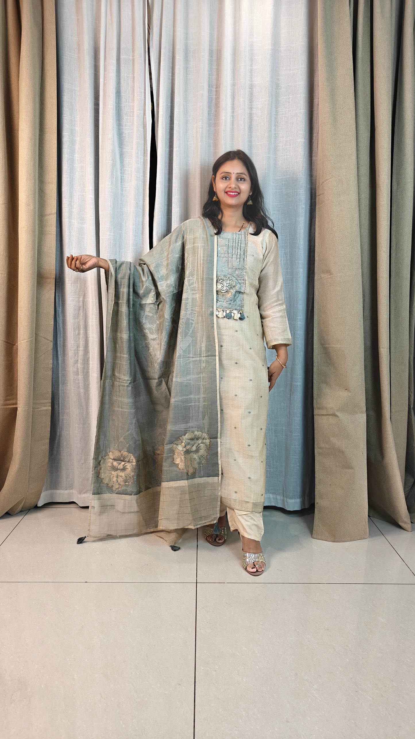 Pure Jamdani Work Designer Suit Set | Handwoven 3-Piece Ethnic Kurta Set for Women | Sage Green Cotton Suit | Festive & Casual Wear