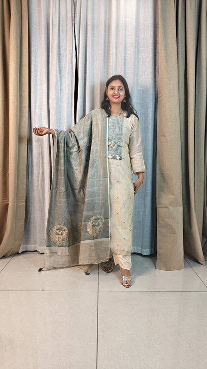 Pure Jamdani Work Designer Suit Set | Handwoven 3-Piece Ethnic Kurta Set for Women | Sage Green Cotton Suit | Festive & Casual Wear
