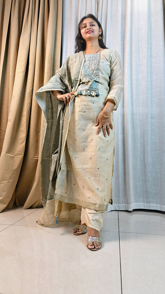 Pure Jamdani Work Designer Suit Set | Handwoven 3-Piece Ethnic Kurta Set for Women | Sage Green Cotton Suit | Festive & Casual Wear