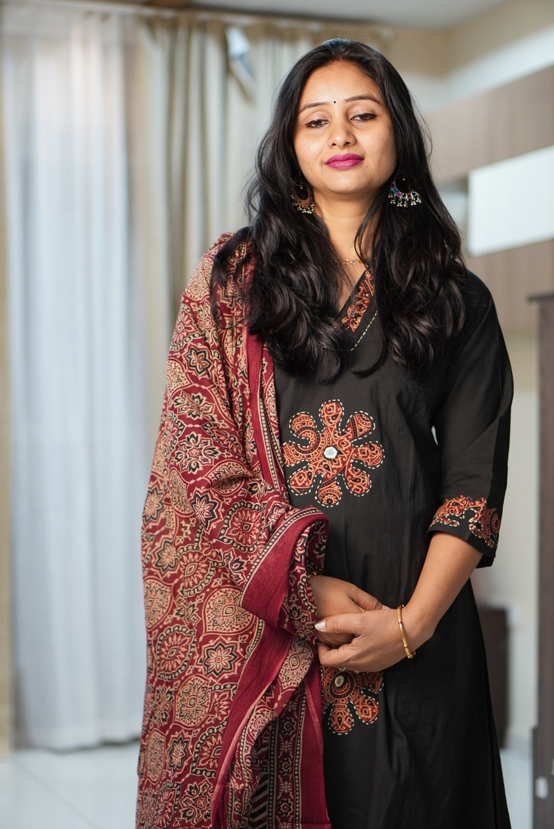 Black Ajrak Block Print 3-Piece Kurta Set with Red Motifs | Traditional Ethnic Suit for Women | Festive & Casual Wear