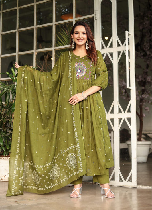 Mehndi Green Embroidered Kurta Set | 3-Piece Ethnic Suit for Women | Festive & Casual Wear