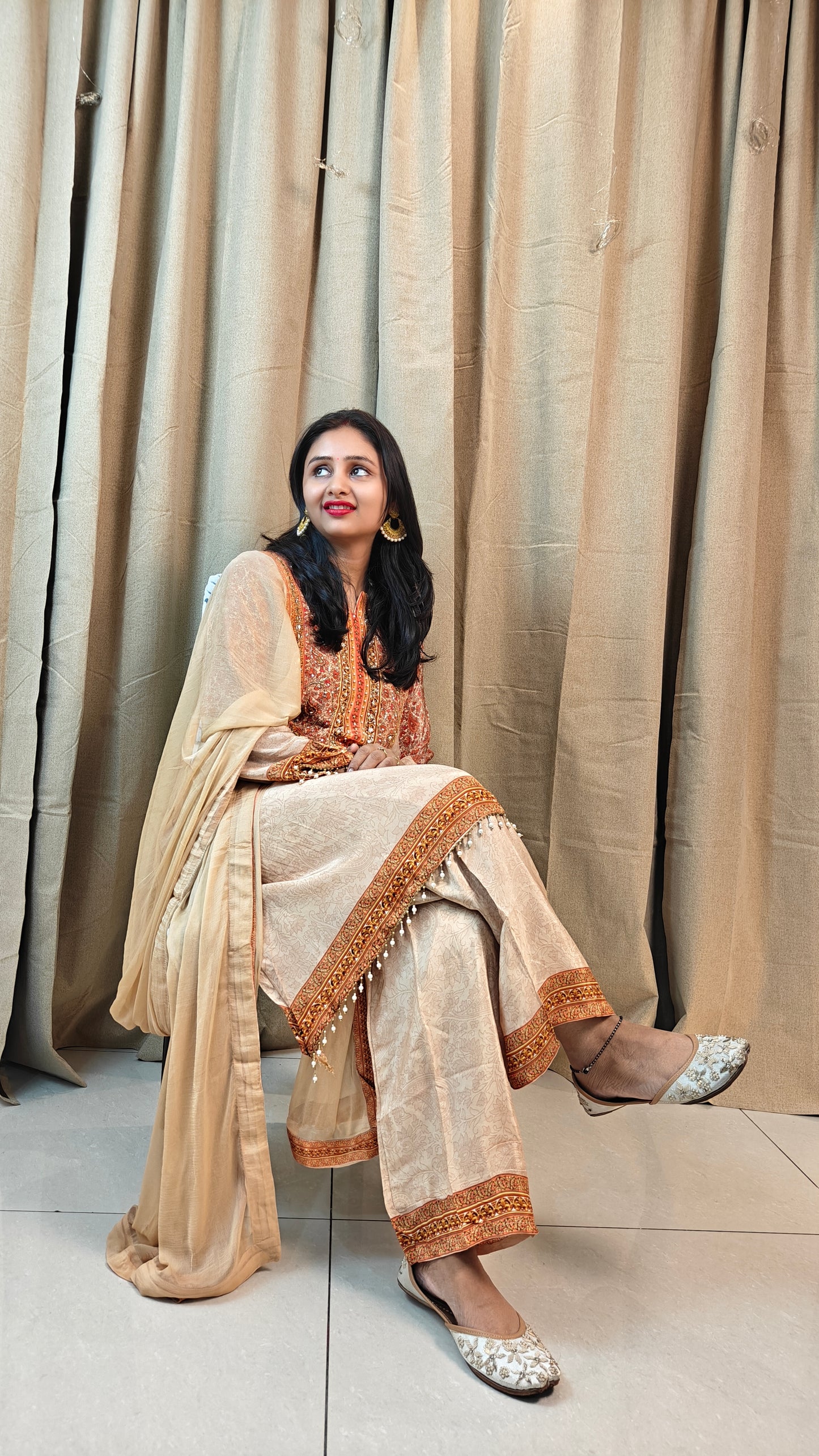Peach Short Kurta with Brown Palazzo | 3-Piece Ethnic Co-ord Set for Women | Casual & Semi-Formal Wear