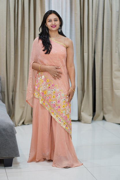 Peach Georgette Indo-Western Suit with Multicolor Floral Embroidery | Ethnic Fusion Wear for Women | Party & Festive Collection