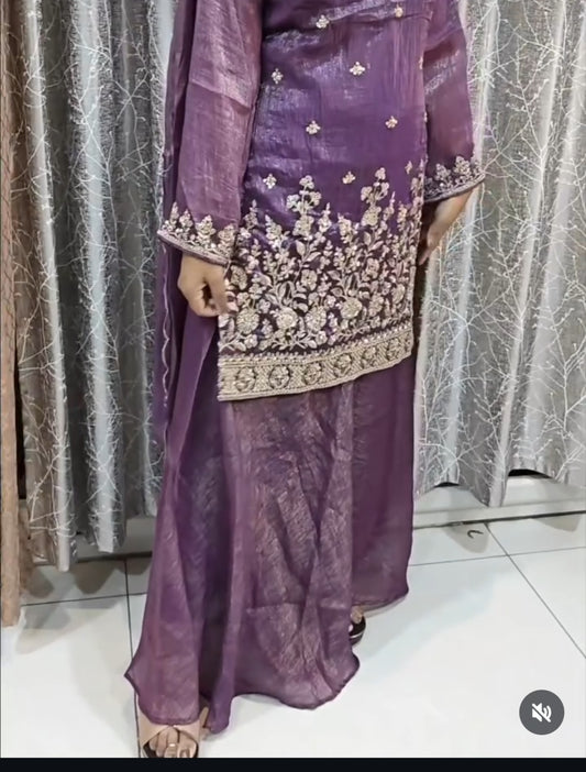 Purple & Gold Shaded Sharara Set | Women's Ethnic Suit with Golden Embroidery | Festive & Party Wear