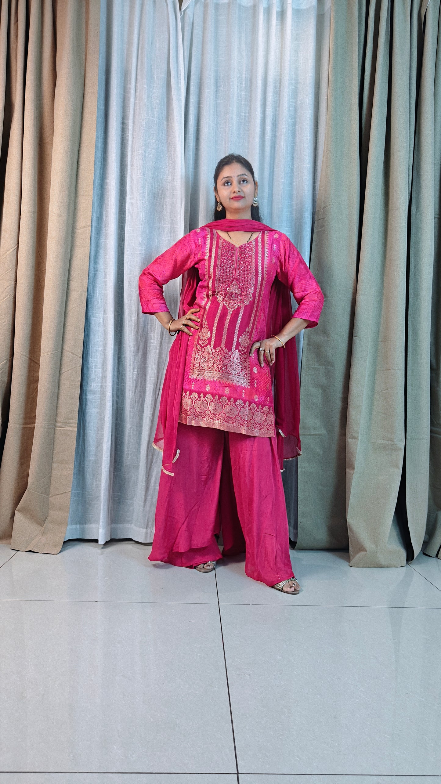 Pink Silk Sharara Set with Gold Zari Embroidery | 3-Piece Ethnic Suit for Women | Wedding & Festive Wear