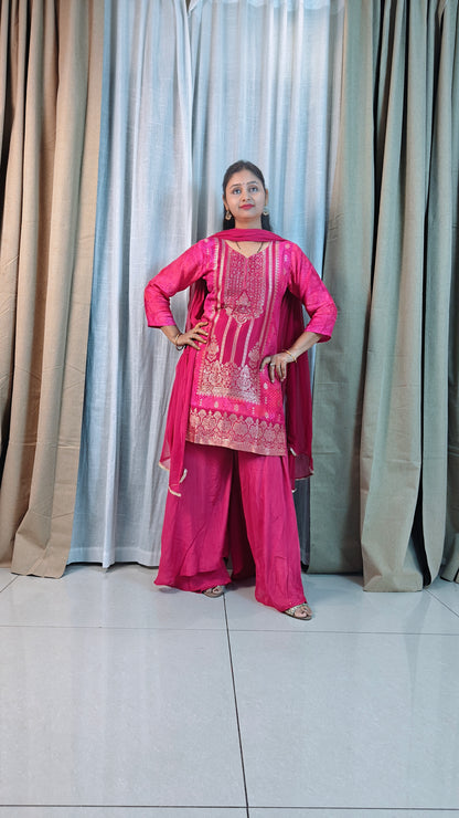 Pink Silk Sharara Set with Gold Zari Embroidery | 3-Piece Ethnic Suit for Women | Wedding & Festive Wear