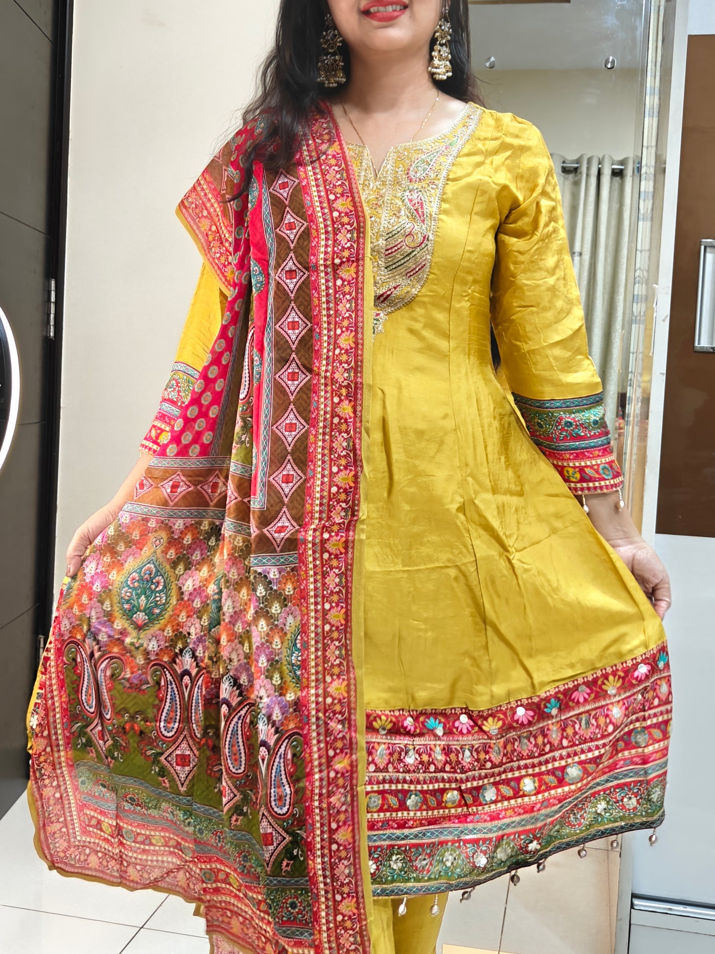 Yellow Short Anarkali Kurta Set | Embroidered Ethnic Suit for Women | Festive & Casual Wear