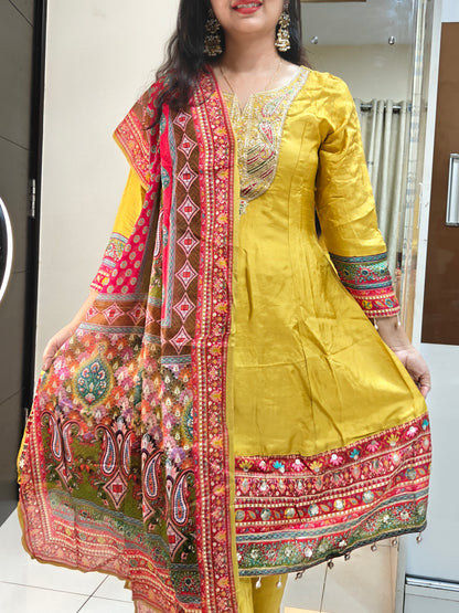 Yellow Short Anarkali Kurta Set | Embroidered Ethnic Suit for Women | Festive & Casual Wear