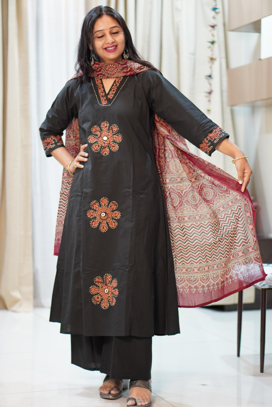 Black Ajrak Block Print 3-Piece Kurta Set with Red Motifs | Traditional Ethnic Suit for Women | Festive & Casual Wear