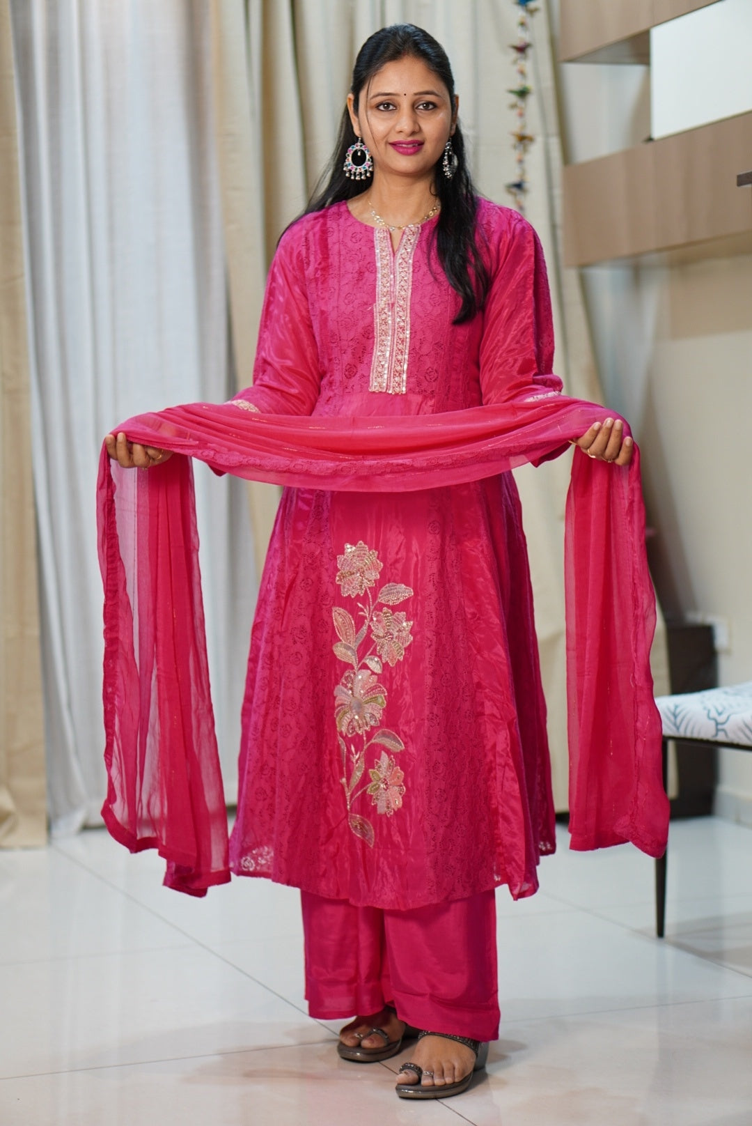 Fuchsia Pink Designer Kurta Set with Floral Embroidery | Straight Kurta with Pants & Dupatta | Women's Ethnic Wear