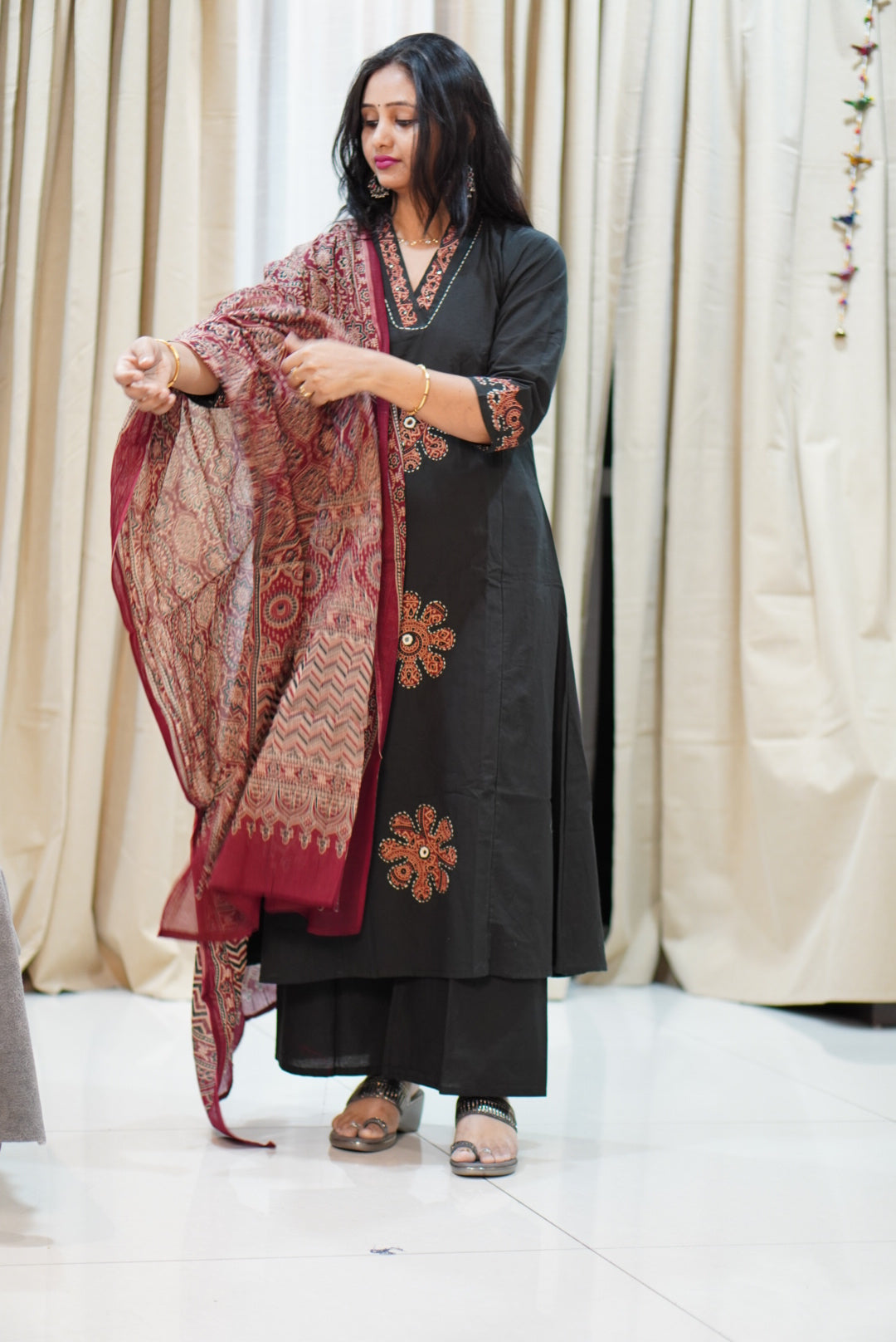 Black Ajrak Block Print 3-Piece Kurta Set with Red Motifs | Traditional Ethnic Suit for Women | Festive & Casual Wear