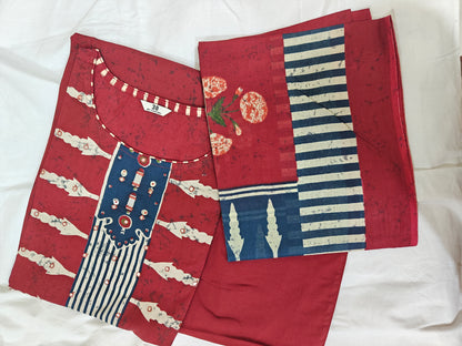 Dark Pink & Blue Brajbhoomi Ajrakh Printed Cotton Suit | 3-Piece Ethnic Kurta Set with Handwork Neckline | Cotton Pants & Printed Dupatta | Festive & Casual Wear