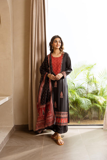 Black & Red Rayon Printed Kurta Set | 3-Piece Ethnic Suit for Women | Casual & Festive Wear