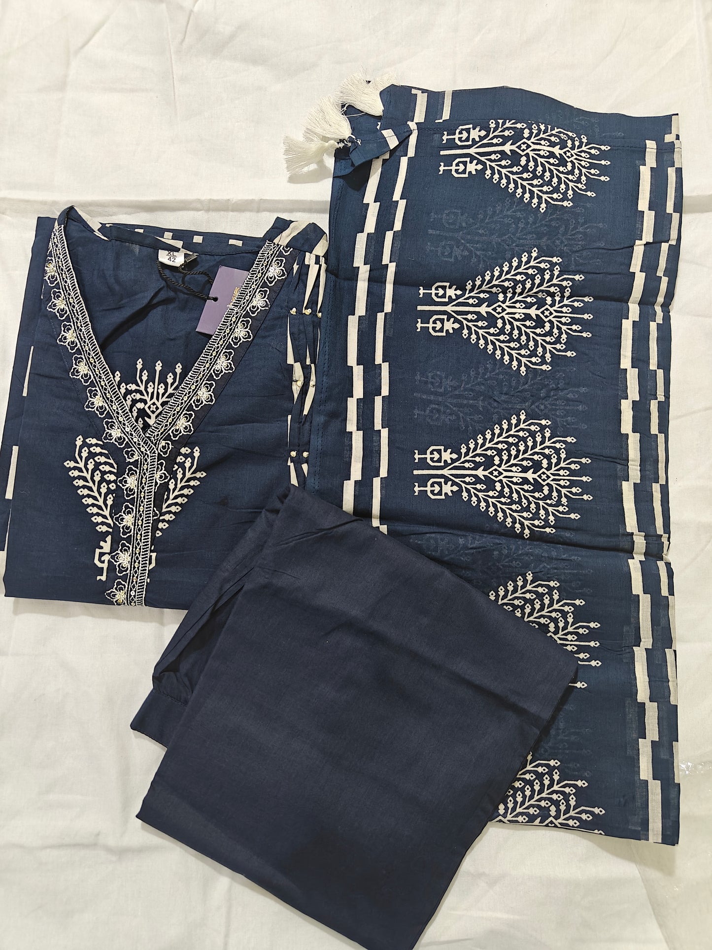 Dark Blue Cotton 3-Piece Kurta Set with Geometric Block Print | Women's Ethnic Suit | Casual & Festive Wear