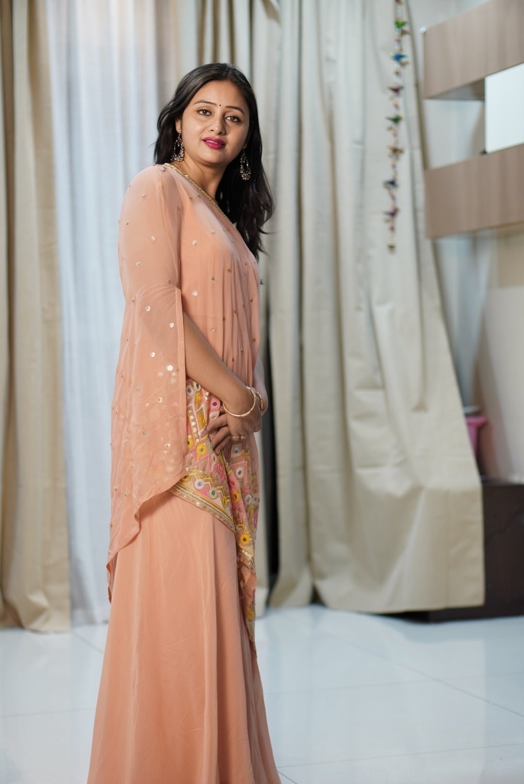 Peach Georgette Indo-Western Suit with Multicolor Floral Embroidery | Ethnic Fusion Wear for Women | Party & Festive Collection