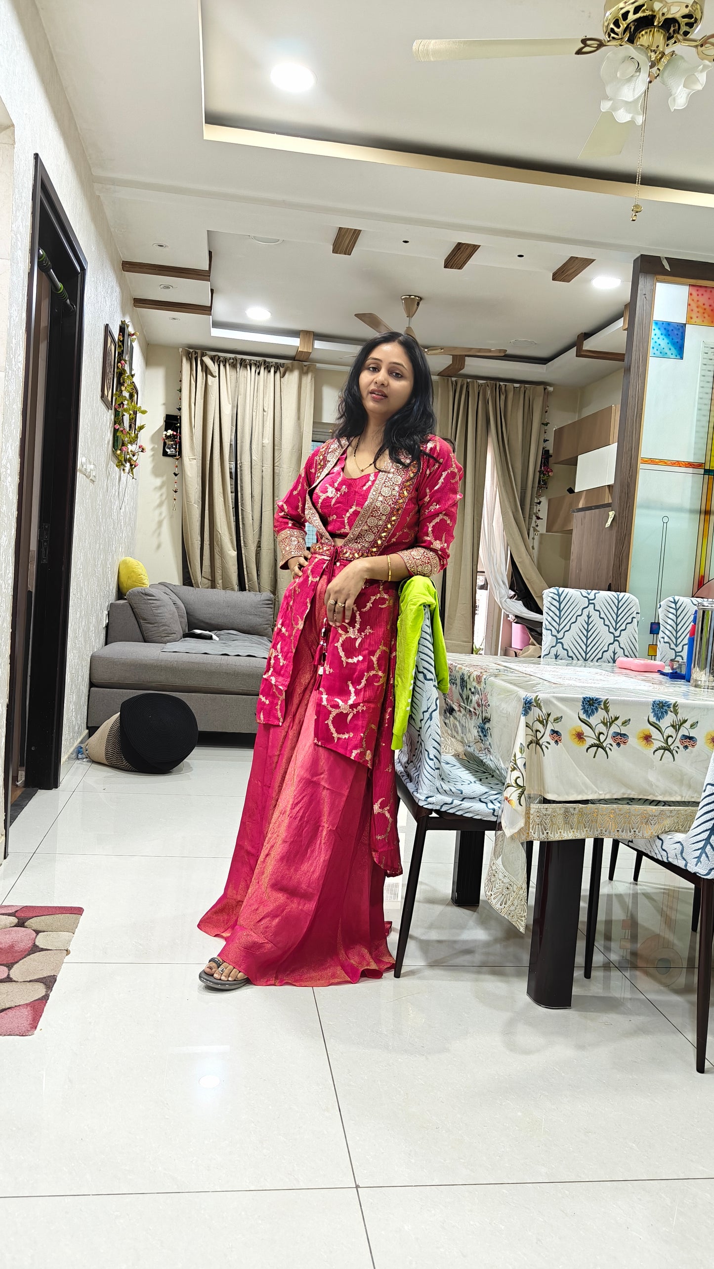 Hot-Pink & Gold Zari Embroidered Indo-Western Jacket Suit | Sharara suit for Women | Festive & Wedding Collection