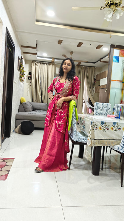 Hot-Pink & Gold Zari Embroidered Indo-Western Jacket Suit | Sharara suit for Women | Festive & Wedding Collection