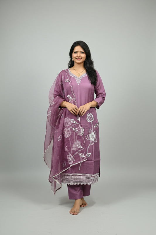 Wine Red Kurta Set with White Thread Embroidery | 3-Piece Ethnic Suit for Women | Festive & Party Wear