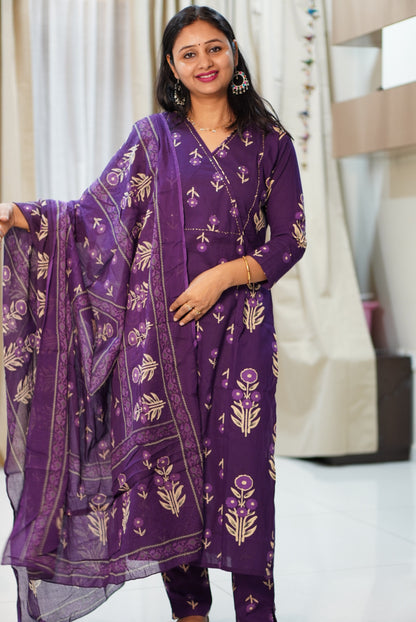 Deep Purple Floral Printed 3-Piece Kurta Set with Gold Motifs | Women's Ethnic Wear | Festive & Casual Collection