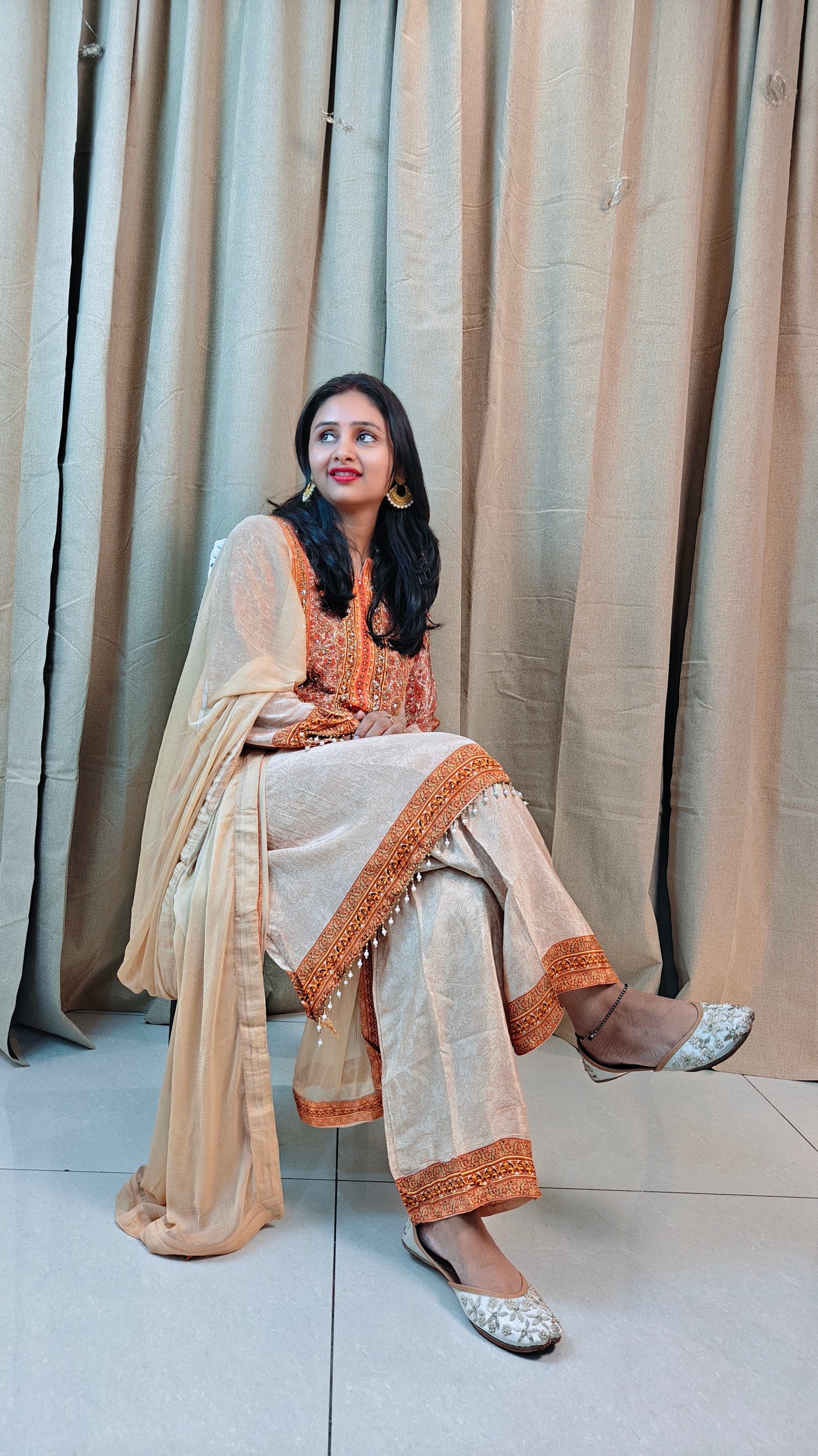 Peach Short Kurta with Brown Palazzo | 3-Piece Ethnic Co-ord Set for Women | Casual & Semi-Formal Wear