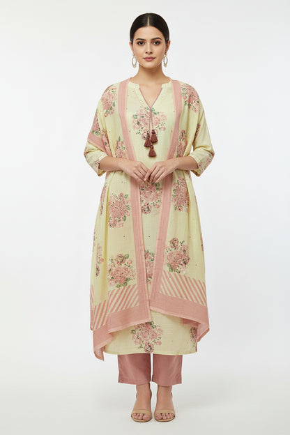 Light Yellow Floral Print Kurta with Peach Palazzo | 3-Piece Ethnic Suit for Women | Casual & Festive Wear