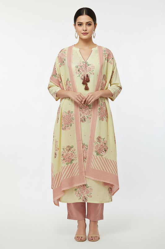 Light Yellow Floral Print Kurta with Peach Palazzo | 3-Piece Ethnic Suit for Women | Casual & Festive Wear